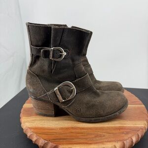 BORN Brown Double Buckled Western-inspired Side Zip Suede Boots Womens Sz 8